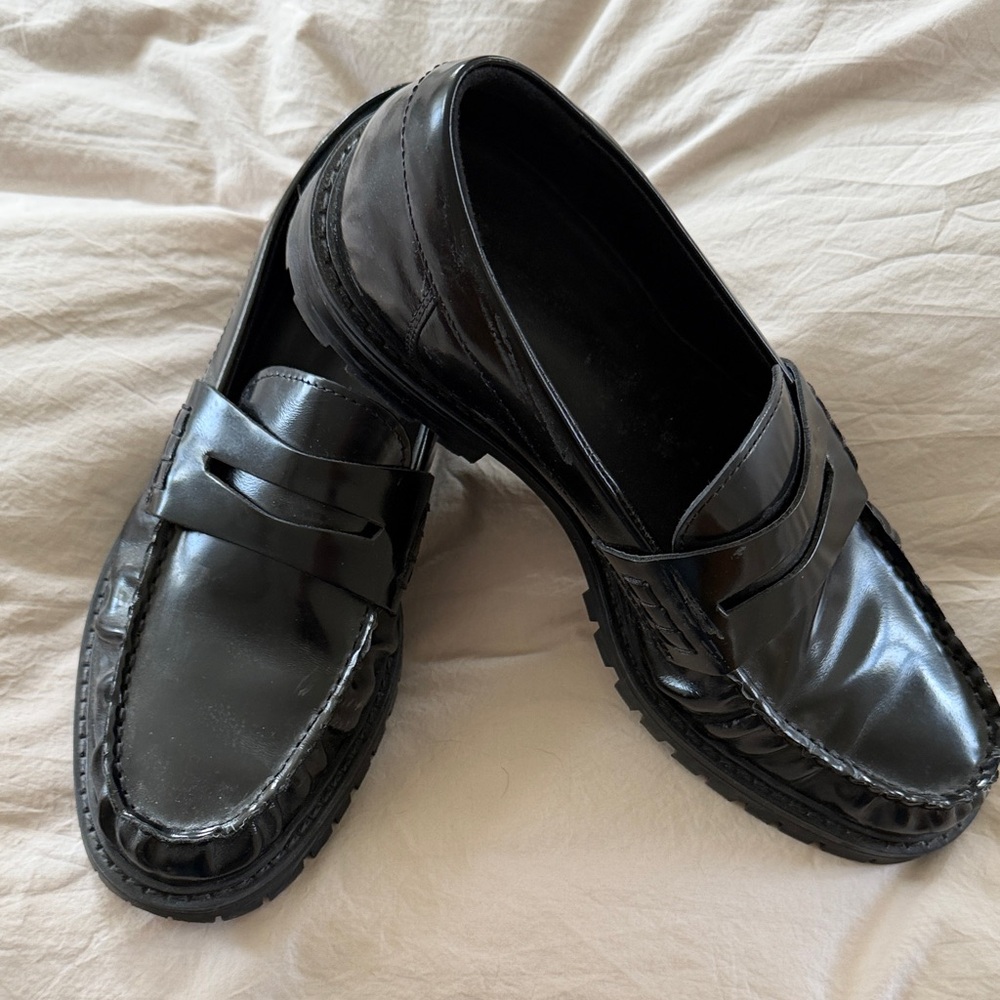 Zara perfect black high polish loafers with lug sole